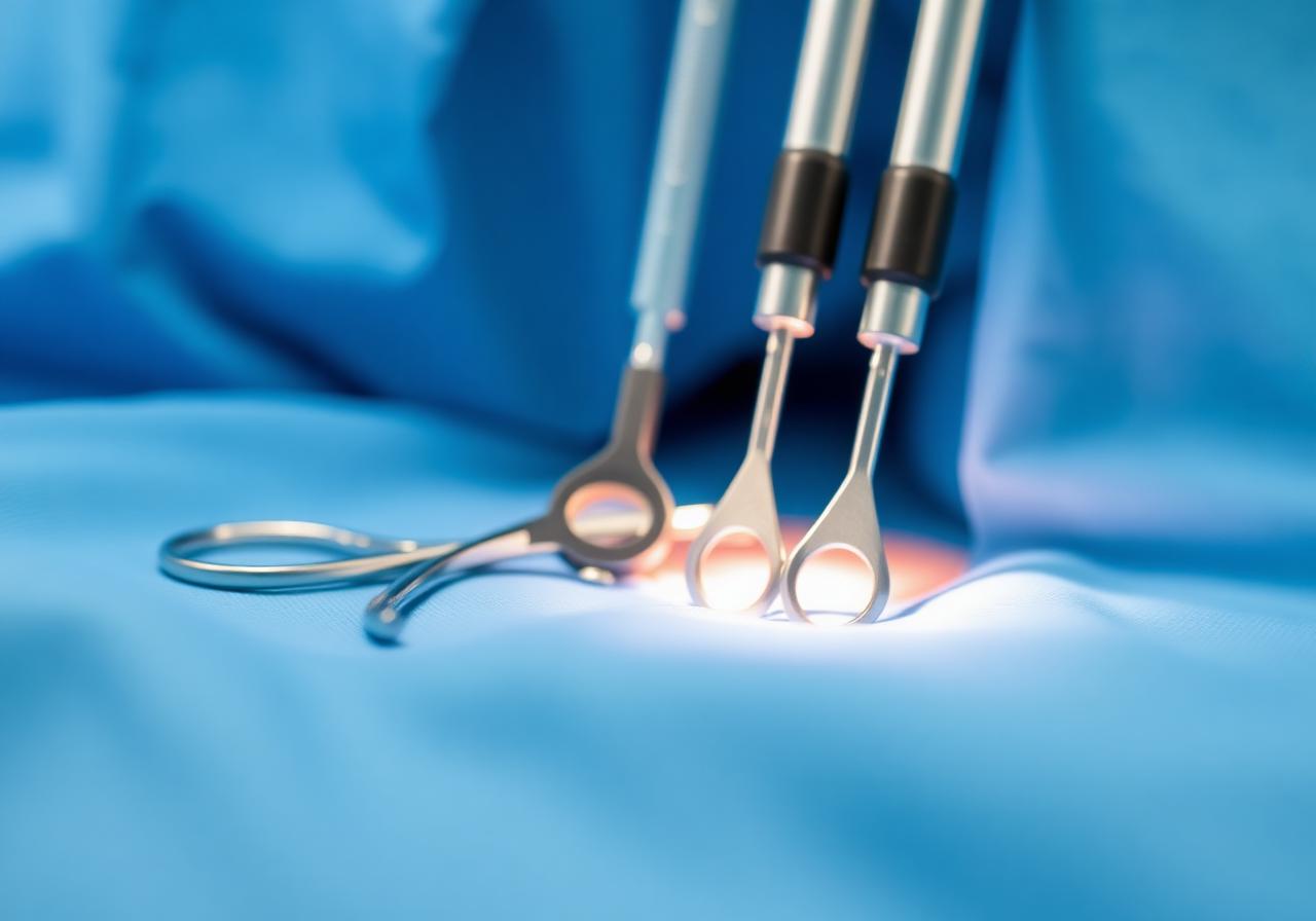 Strumenti chirurgici per laparoscopia ginecologica su telo sterile blu