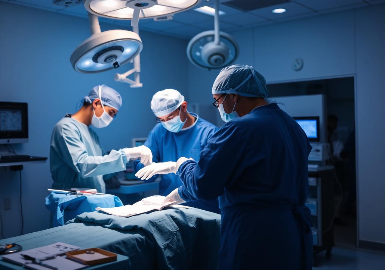 Equipe chirurgica durante una miomectomia laparoscopica per fibromi uterini