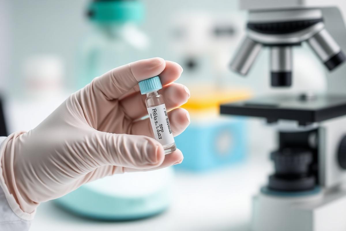Provetta per HPV DNA test accanto a un microscopio in laboratorio di analisi